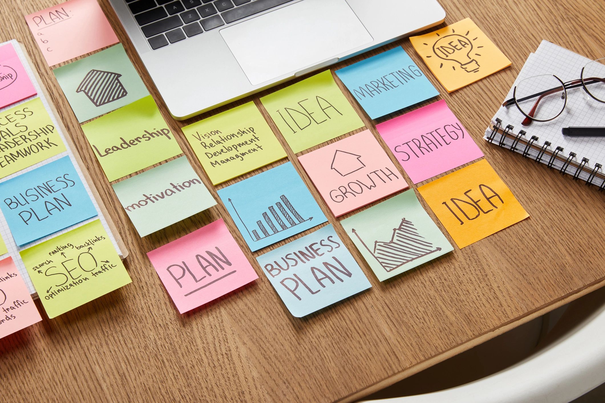 Business strategy planning workspace with sticky notes